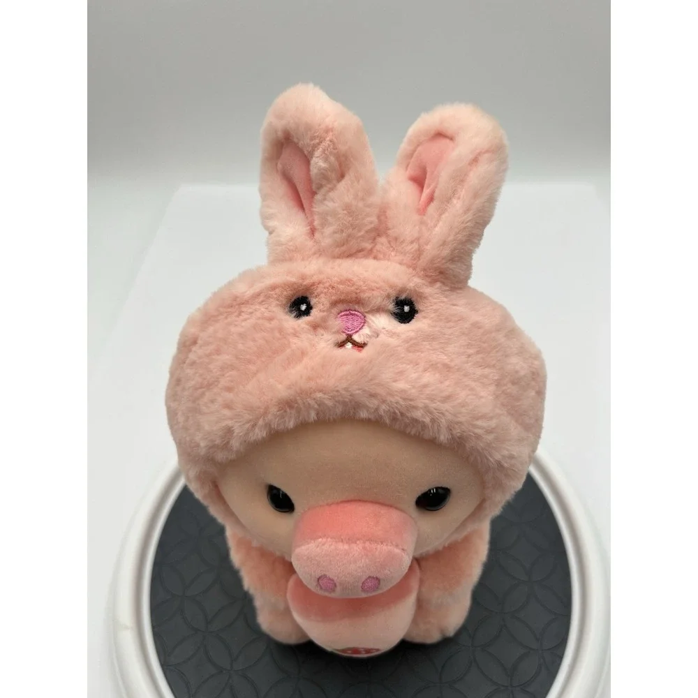 QQMCC Pink Pig Plush Bunny Hood Strawberry Boba Bubble Tea Stuffed Animal 12